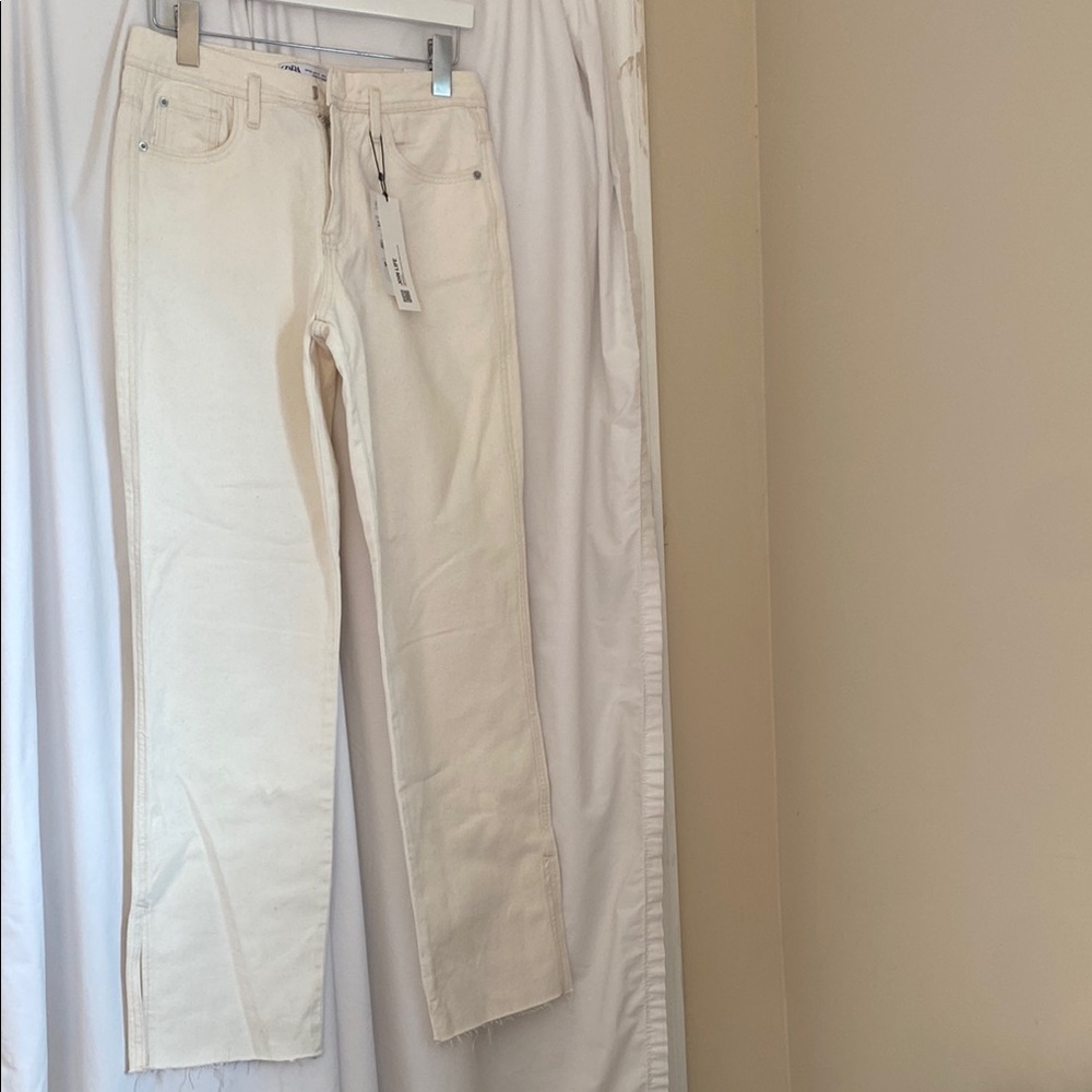 Zara Off-White Denim Pants -High Rise Straight Leg With Split Hem Size 38 (US 6)